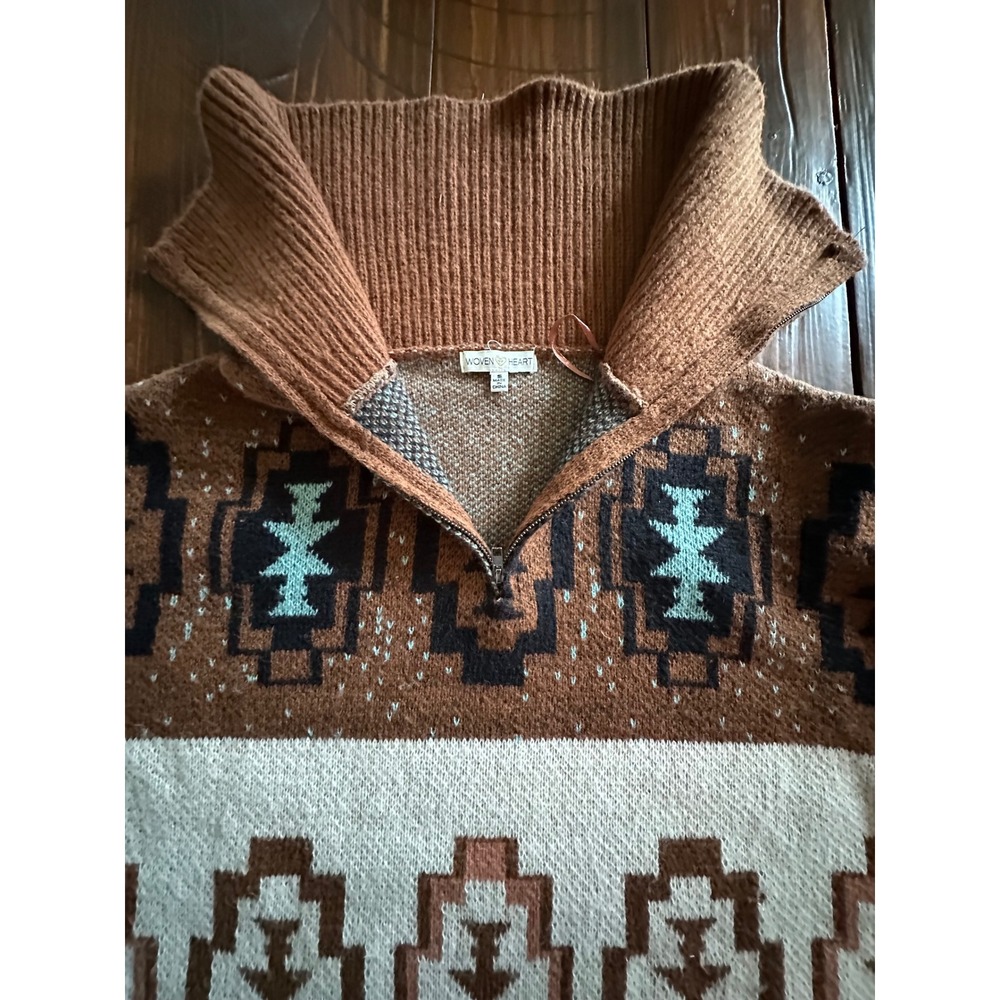 Brown Teal Southwestern Quarter Zip Sweater XE202311639 Small - Picture 5 of 10